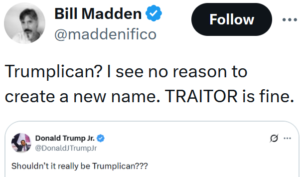 Tweet reading "Trumplican? I see no reason to create a new name. TRAITOR is fine."
