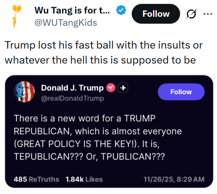 Tweet reading "Trump lost his fast ball with the insults or whatever the hell this is supposed to be"