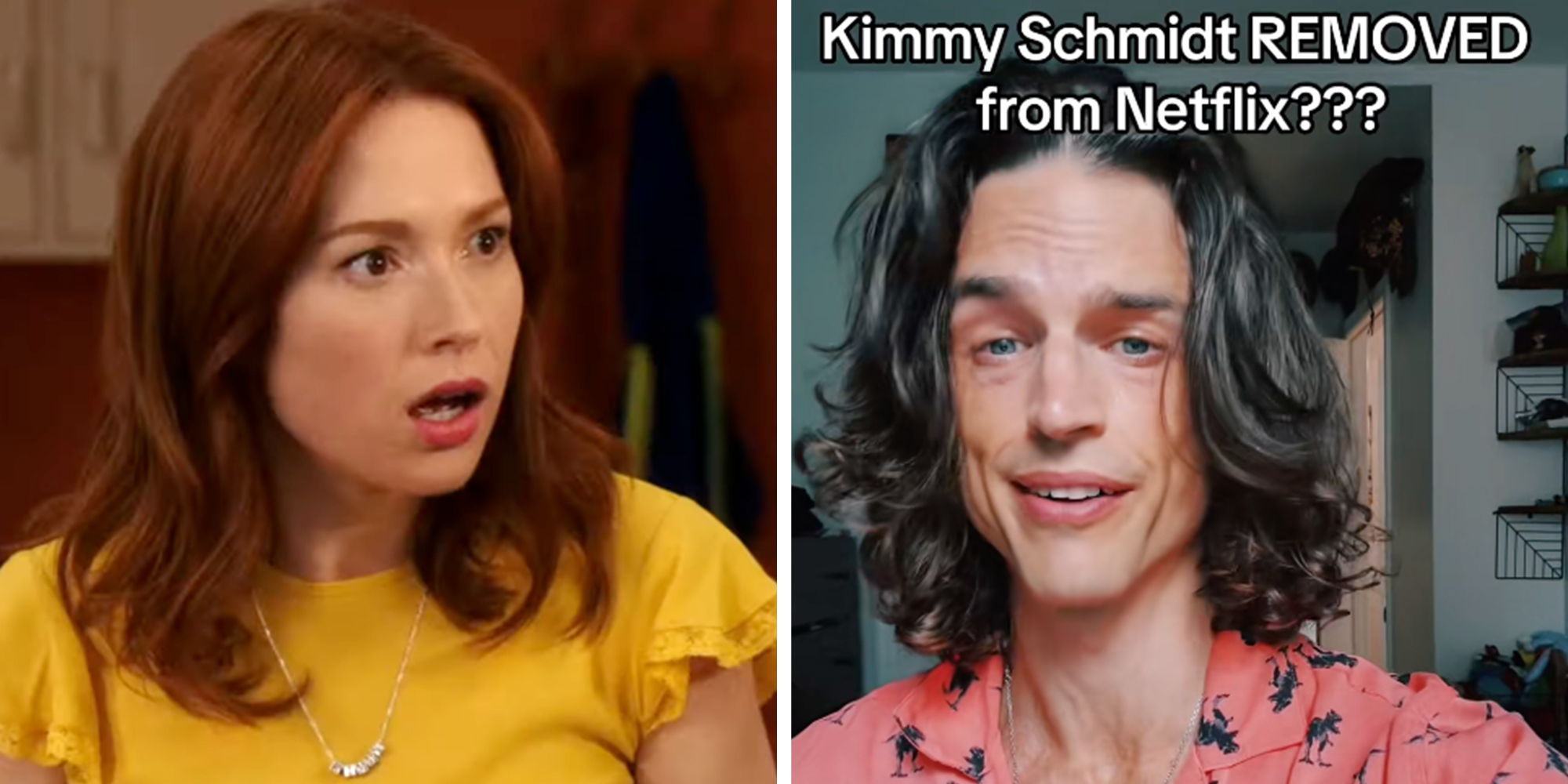 Left: Still from "Unbreakable Kimmy Schmidt" of actress Ellie Kemper in a yellow top looking shocked. Right: Actor Andrew Briedis looking into the camera under text reading, "Kimmy Schmidt REMOVED from Netflix???"