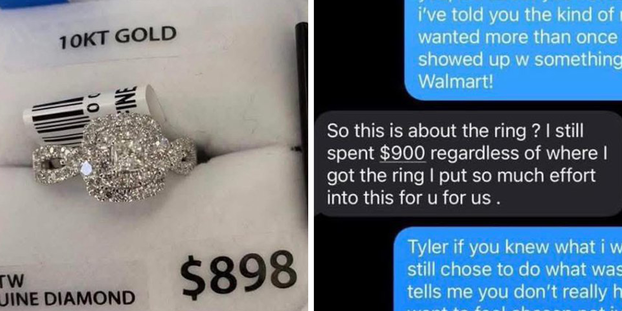 Left: Engagement ring in a box, price tag reads $898. Right: Text message conversation.