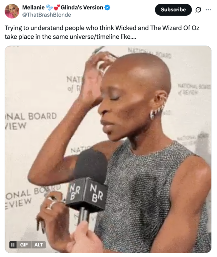 Trying to understand people who think Wicked and The Wizard Of Oz take place in the same universe/timeline like….