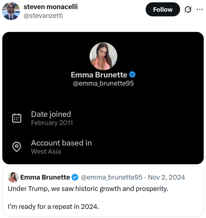 Quote tweet of a pro-Trump account with a screenshot showing its account is based in West Asia.