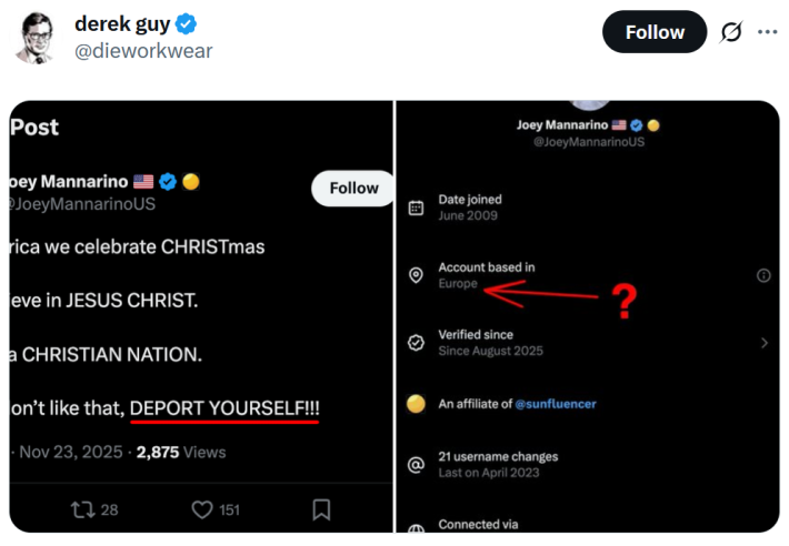 A screenshot of a tweet telling immigrants to deport themselves next to a shot showing the account is based in Europe.