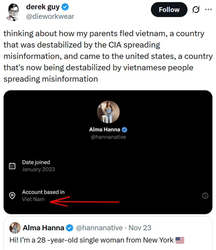Tweet reading "thinking about how my parents fled vietnam, a country that was destabilized by the CIA spreading misinformation, and came to the united states, a country that's now being destabilized by vietnamese people spreading misinformation" over a screenshot of an account claiming to be in the U.S. but based in Vietnam.