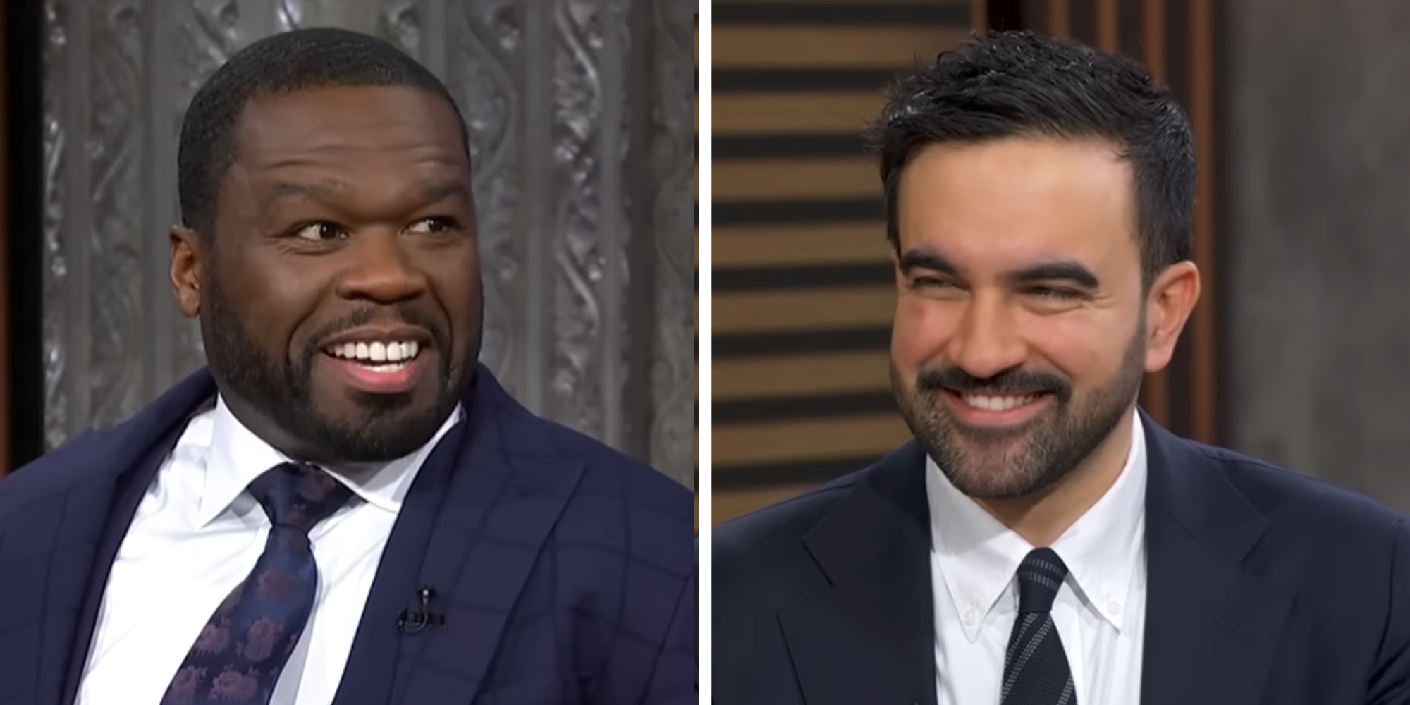 Left: Rapper Curtis "50 Cent" Jackson during an interview on The Late Show With Stephen Colbert. Right: NYC Mayor Zohran Mamdani during an interview appearance on 'Good Morning America.'