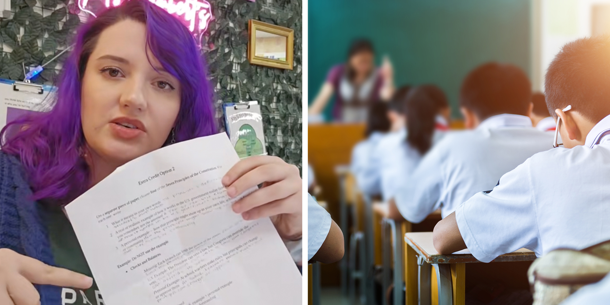 Left: Teacher with purple hair holding a piece of paper up to the camera. Right: Rear view of middle school students studying in classroom.