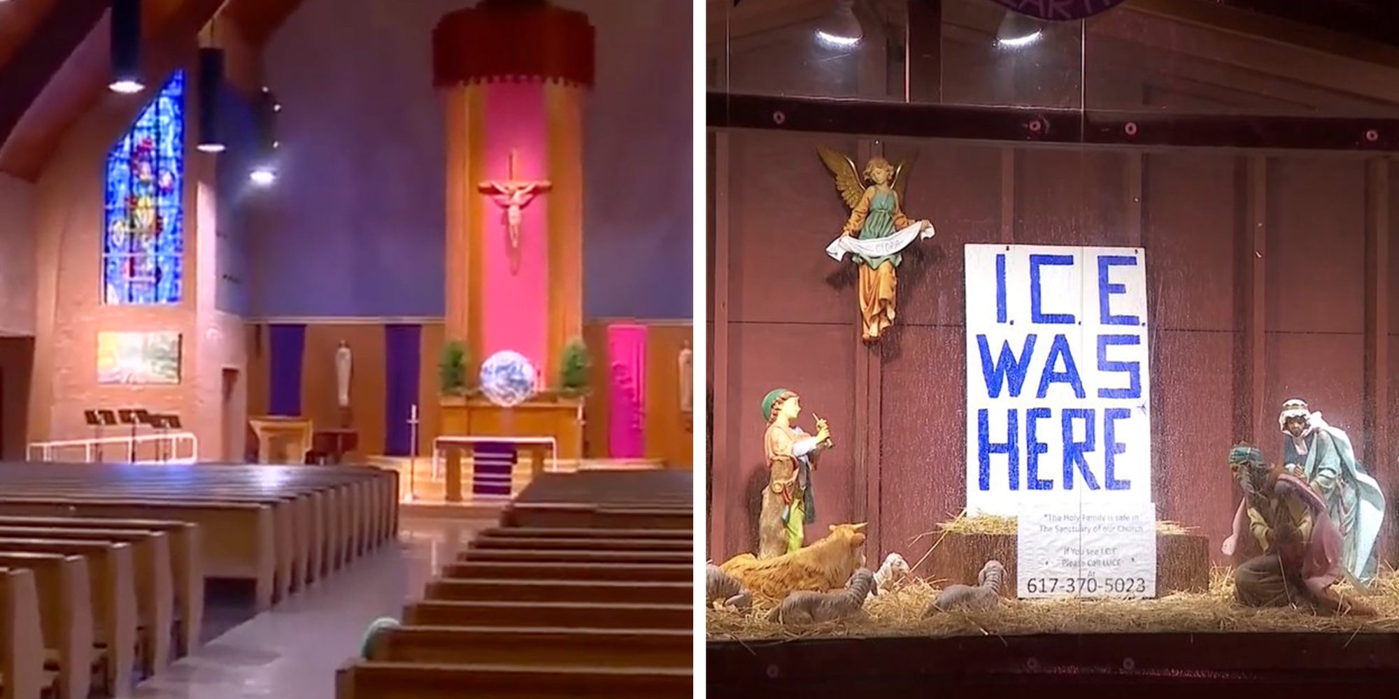 Left: Interior of St. Susanna Parish, a Roman Catholic church in Dedham, Massachusetts. View of pews and altar. Right: "ICE WAS HERE" handwritten sign in blue paint in place of a baby Jesus in a church nativity display.