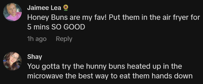 TikTok comments including one reading "Honey Buns are my fav! Put them in the air fryer for 5 mins SO GOOD"