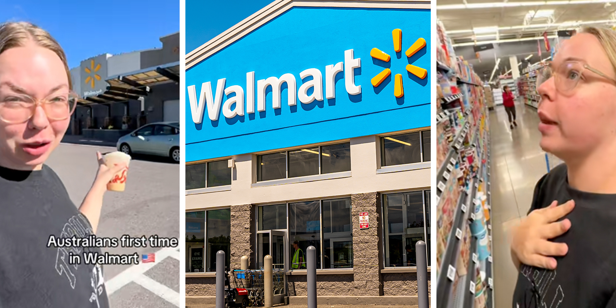 3 panel: Left: Blonde woman pointing at Walmart store front holding an iced coffee, text overlay reads, "Australians first time in Walmart." Middle: Walmart store exterior. Right: Blonde woman standing in a grocery aisle in a Walmart store.