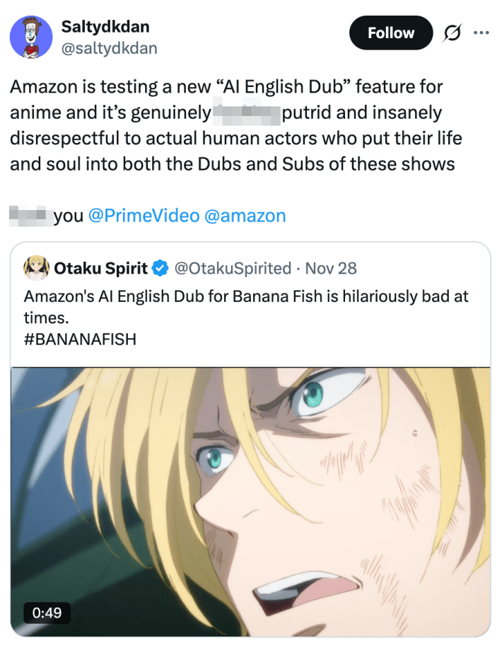 Amazon is testing a new “AI English Dub” feature for anime and it’s genuinely putrid and insanely disrespectful to actual human actors who put their life and soul into both the Dubs and Subs of these shows