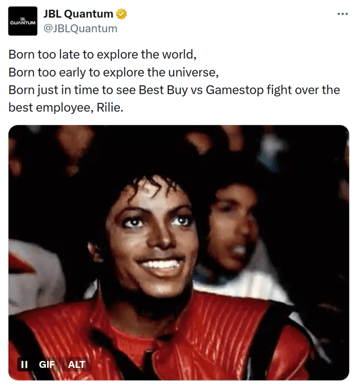 @JBLQuantum's tweet with a GIF of Michael Jackson eating popcorn.