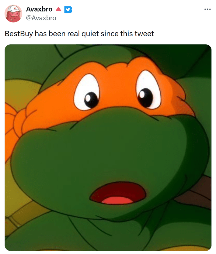 Tweet that reads, "BestBuy has been real quiet since this tweet" with one of the Teenage Mutant Ninja Turtles looking shocked.