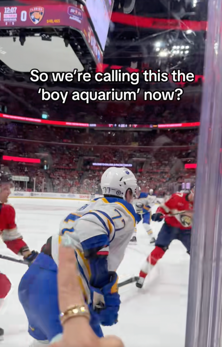 @flapanthers/TikTok, hockey players playing in a rink behind glass with onscreen test: "So we're calling this the boy aquarium now?"