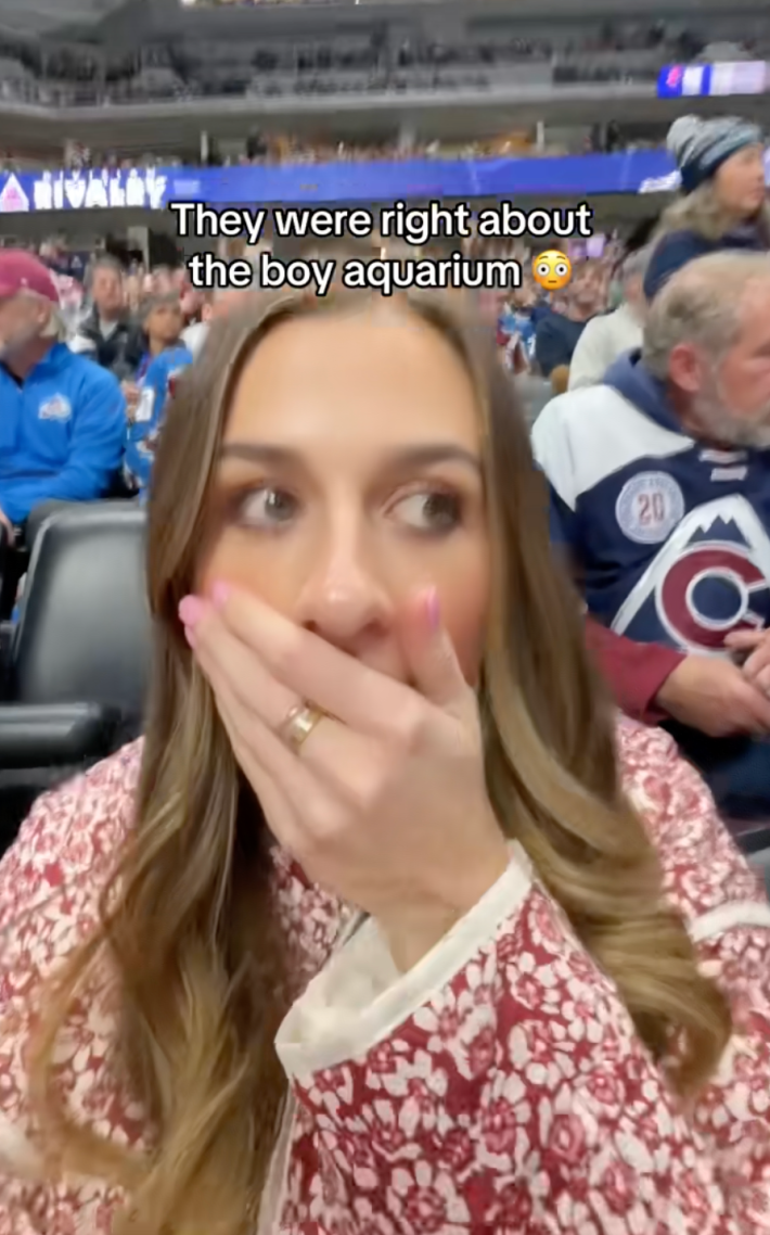 @flapanthers/TikTok, woman in the stands at a hockey game covering mouth in disbelief with onscreen text: They were right about the boy aquarium