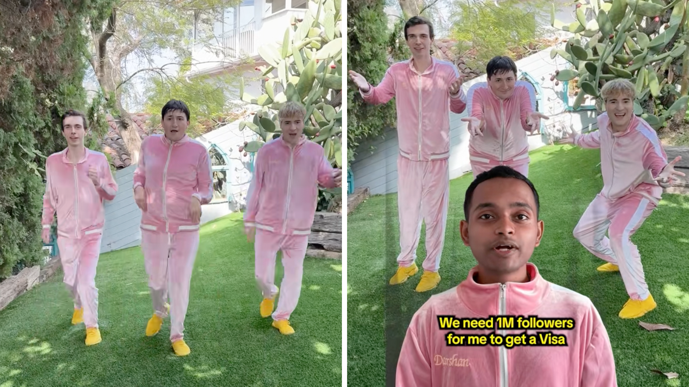 four men in pink tracksuits singing