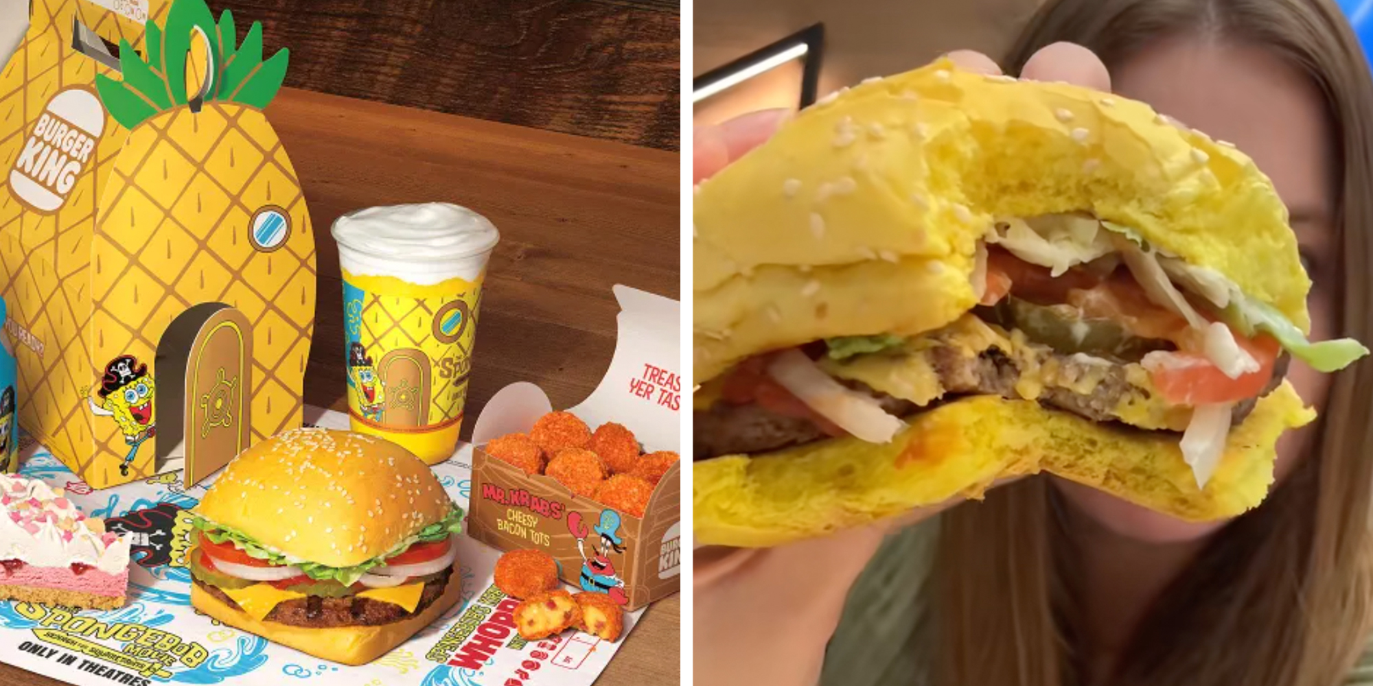 Left: Burger King's new SpongeBob Squarepants meal. Right: TikTok reviewing the new Burger King Krabby Whopper.