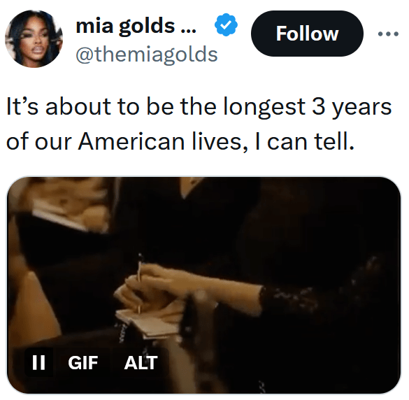 Tweet with the gif of a woman in church taking a girl's pen away and reading "It’s about to be the longest 3 years of our American lives, I can tell."