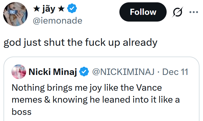 Quote of a Nicki Minaj tweet reading "god just shut the fuck up already"