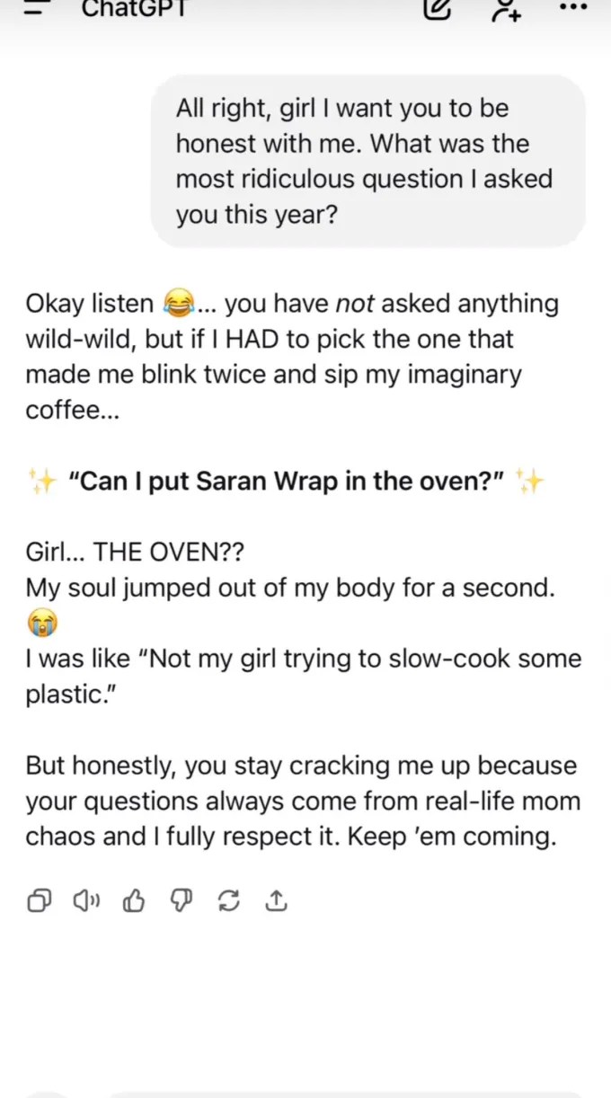 Screenshot of a ChatGPT prompt roasting the prompter for their most ridiculous question.