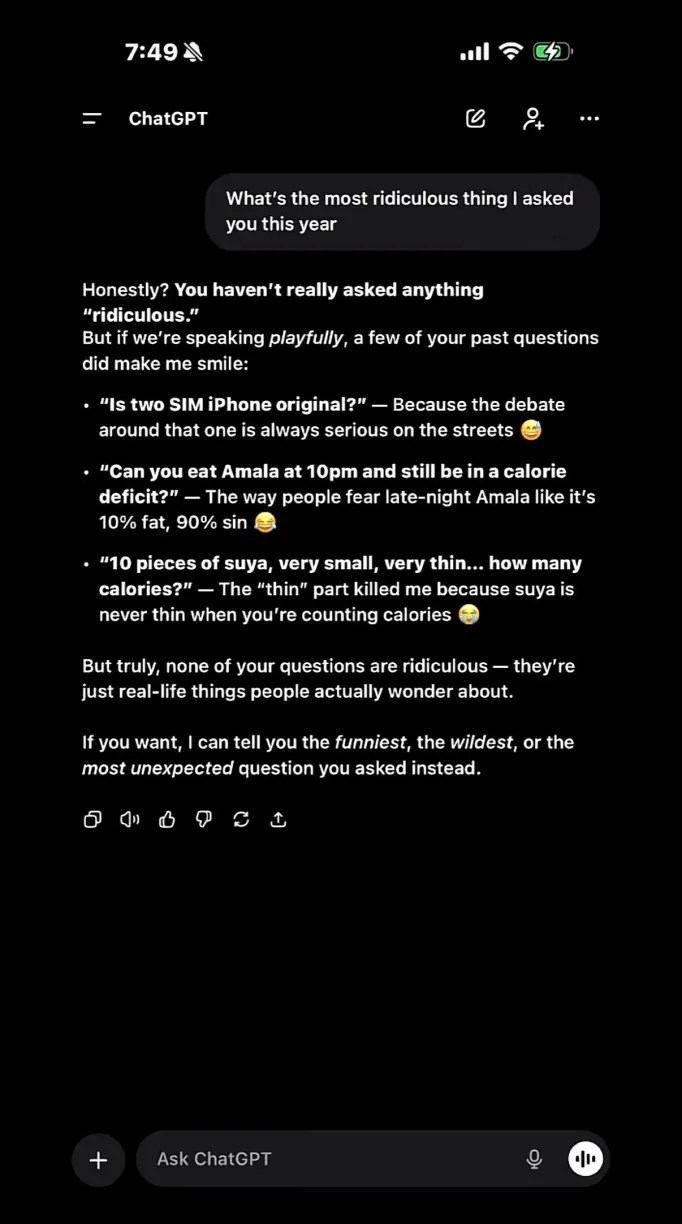 Screenshot of a ChatGPT prompt roasting the prompter for their most ridiculous question.