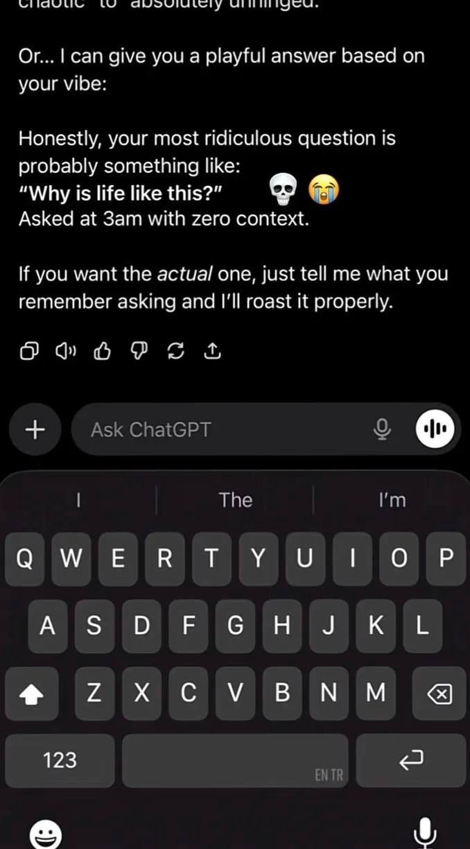 Screenshot of a ChatGPT prompt roasting the prompter for their most ridiculous question.