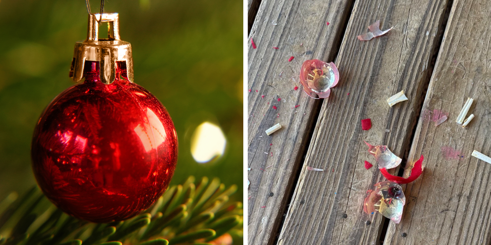 Left: Red Christmas ornament bauble against a Christmas tree with decor against blurred lights on background. Right: Broken red Christmas bauble on wooden slats, rolled up notes scattered.