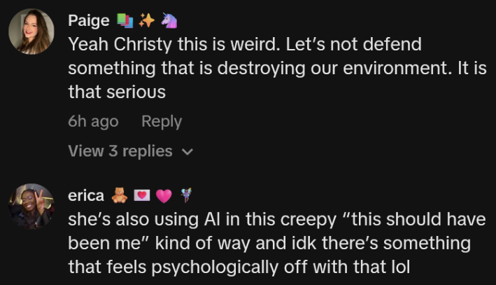 TikTok comments including one reading "Yeah Christy this is weird. Let’s not defend something that is destroying our environment. It is that serious"