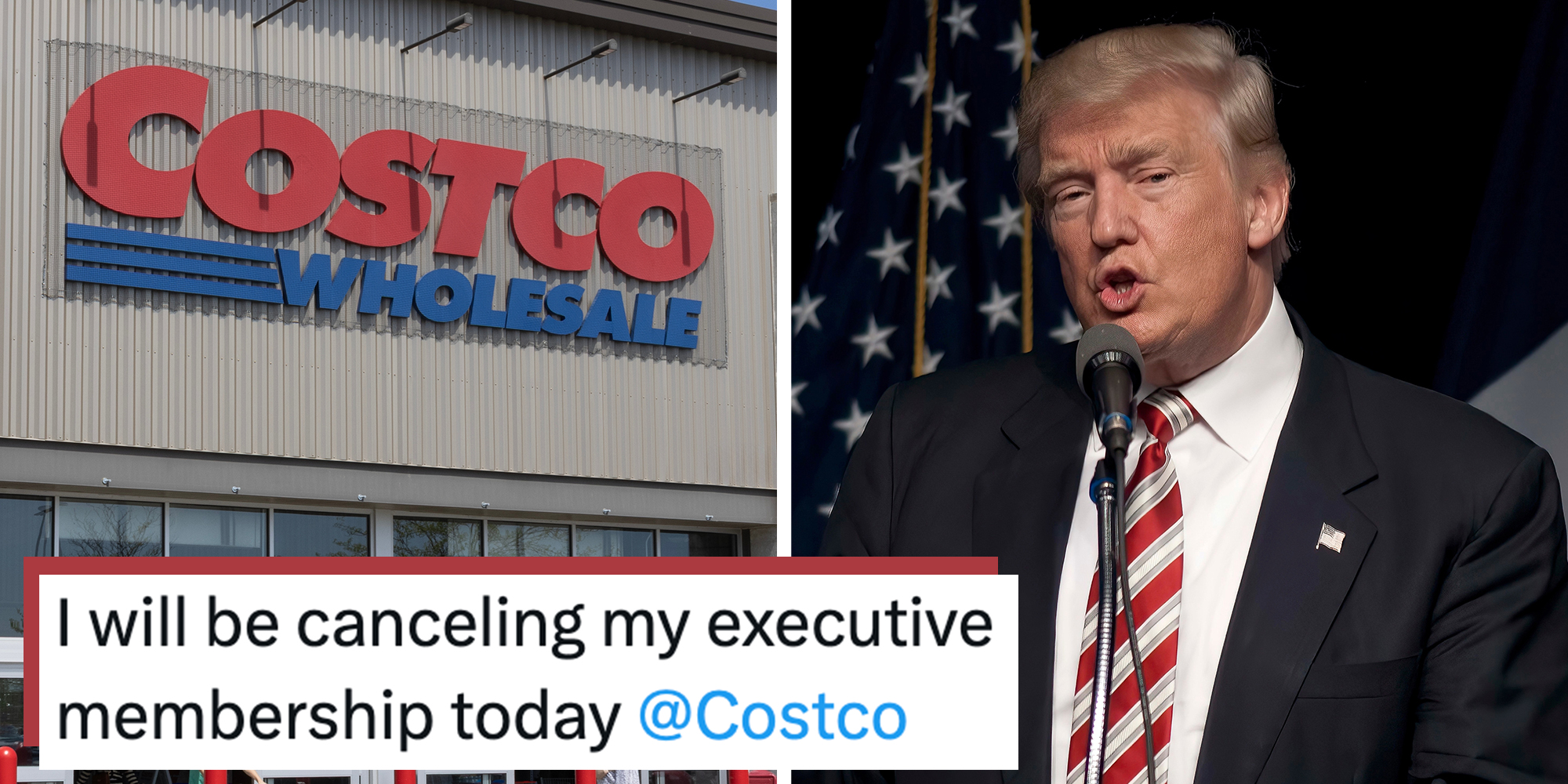Left: Costco Wholesale storefront. Right: President Donald Trump. Text overlay reads, "I will be canceling my executive membership today @Costco."
