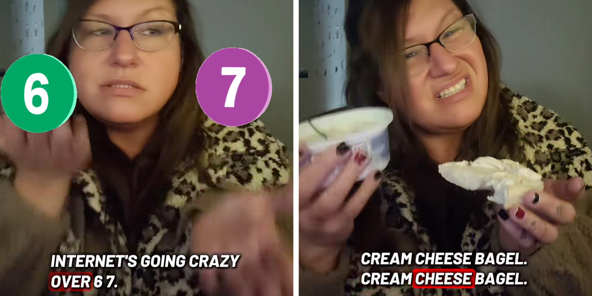 Left: Woman in glasses and a leopard jacket, "weighing" the numbers 6 and 7 in her hands, text overlay reads, "Internet's going crazy over 6 7." Right: Woman in glasses and a leopard jacket holding a bagel spread with cream cheese in one hand and a tub of Philadelphia cream cheese in the other.
