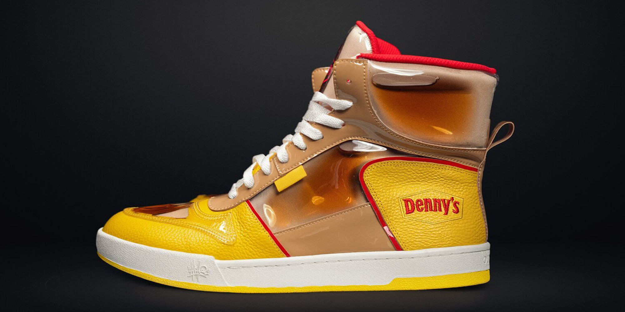 Denny's diner chain new sneakers: Yellow with panels filled with maple syrup.