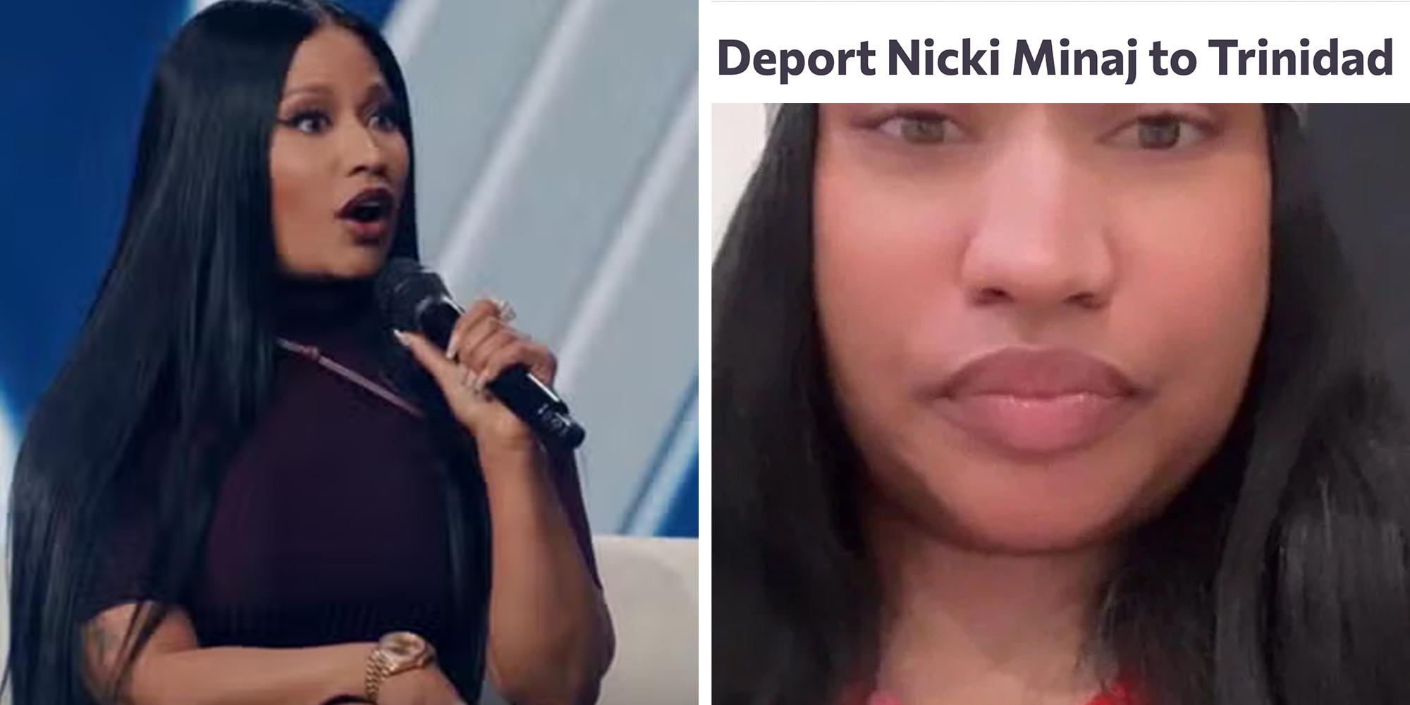 Left: Nicki Minaj speaking into a microphone at a Turning Point USA event, onstage during a talk with Erica Kirk. Right: Nicki Minaj selfie, a Change.org petition with text reading, "Deport Nicki Minaj to Trinidad."