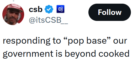 Tweet reading "responding to “pop base” our government is beyond cooked"