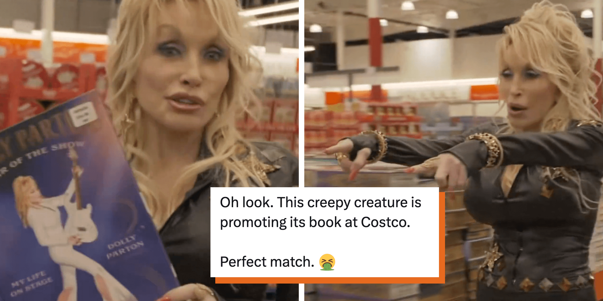 Dolly Parton in a black leather bodysuit at a Costco location. Tweet text overlay reads, "Oh look. This creepy creature is promoting its book at Costco. Perfect match" followed by a vomiting emoji.
