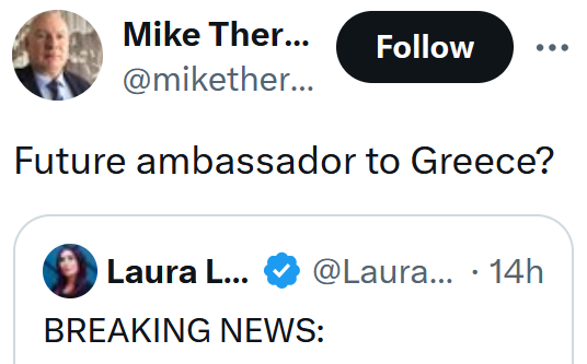 Tweet reading "Future ambassador to Greece?"