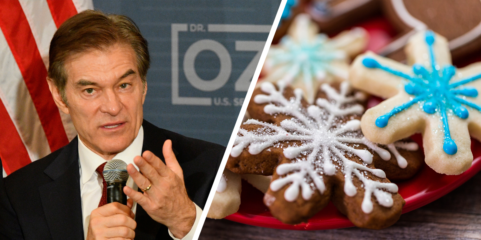 Left: Dr. Mehmet Oz hosts a Safer Streets community discussion in South Philadelphia, PA, USA on October 13, 2022. Right: Christmas cookies decorated with white and blue icing.