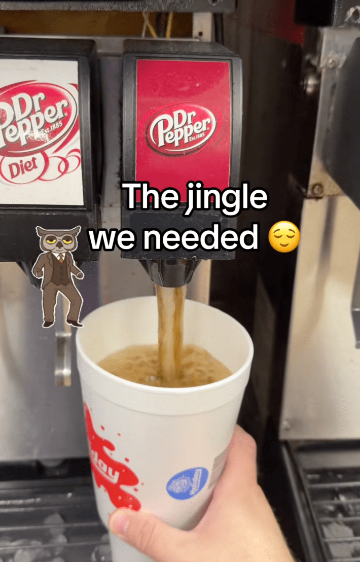 @antonioismyname/TikTok "The jingle we needed" dancing owl cartoon and Dr Pepper from a soda fountain