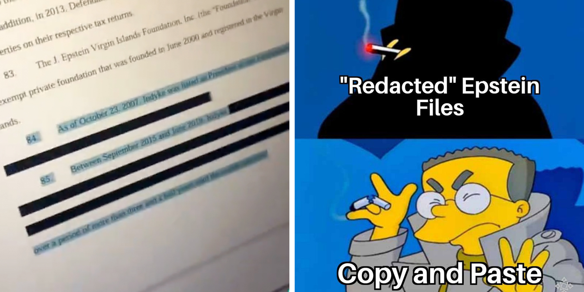 Left: Screenshot of the Jeffrey Epstein files with big black boxes redacting areas of text. Right: Simpsons meme