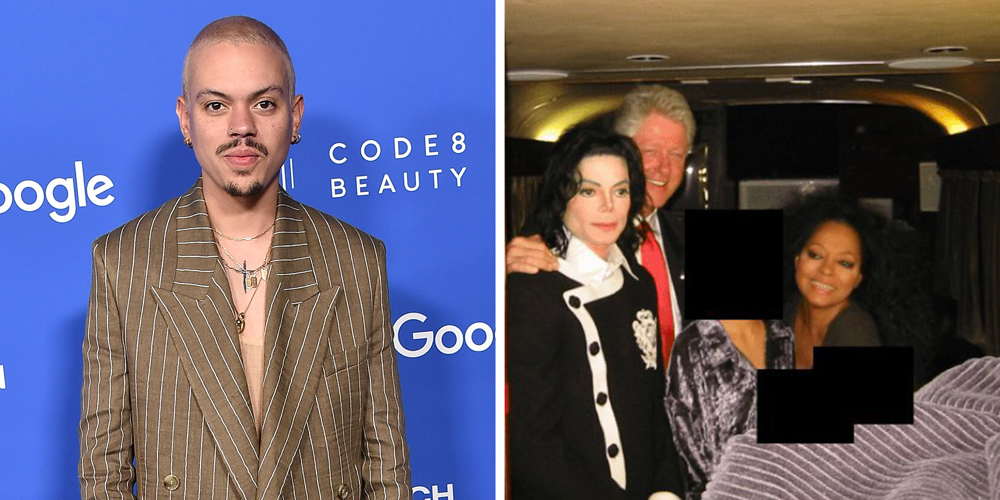 Left: Evan Ross arrives for the Fashion Trust U.S. Awards on March 21, 2023 in Hollywood, CA. Right: Former President Bill Clinton, Michael Jackson, and Diana Ross hovering above two several faces blacked out.