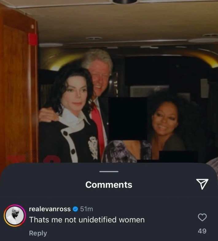 Instagram response from Evan Ross saying, "Thats me not [unidentified] women."