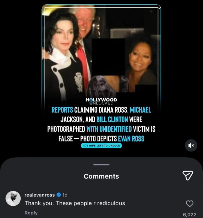 Instagram response from Evan Ross saying, "Thank you. These people [are ridiculous].”