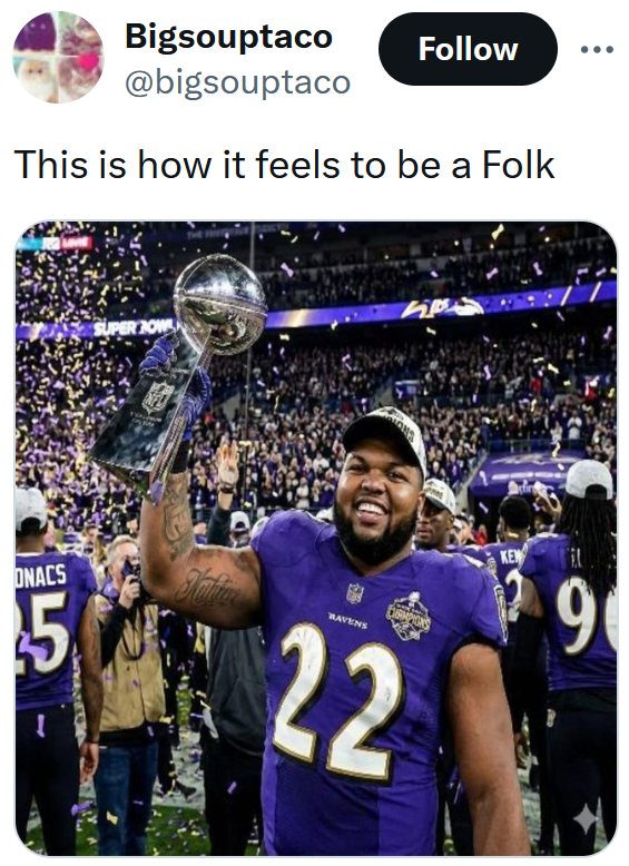Tweet reading "this is how it feels to be a Folk" with an AI image of Druski as a Ravens player holding a trophy.