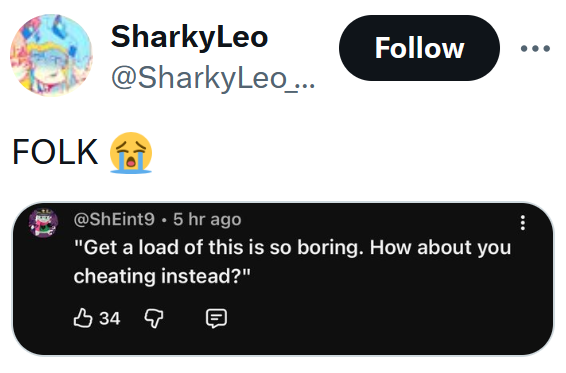 Tweet reading "FOLK" with a screenshot of a comment reading "'Get a load of this is so boring. How about you cheating instead?'"