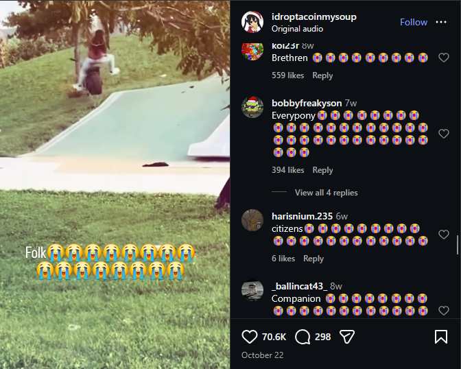 Video of a man crashing his dirt bike into a tree with a caption reading "Folk" followed by many loud crying emojis.
