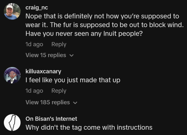 TikTok comments including one reading "Nope that is definitely not how you’re supposed to wear it. The fur is supposed to be out to block wind. Have you never seen any Inuit people?"