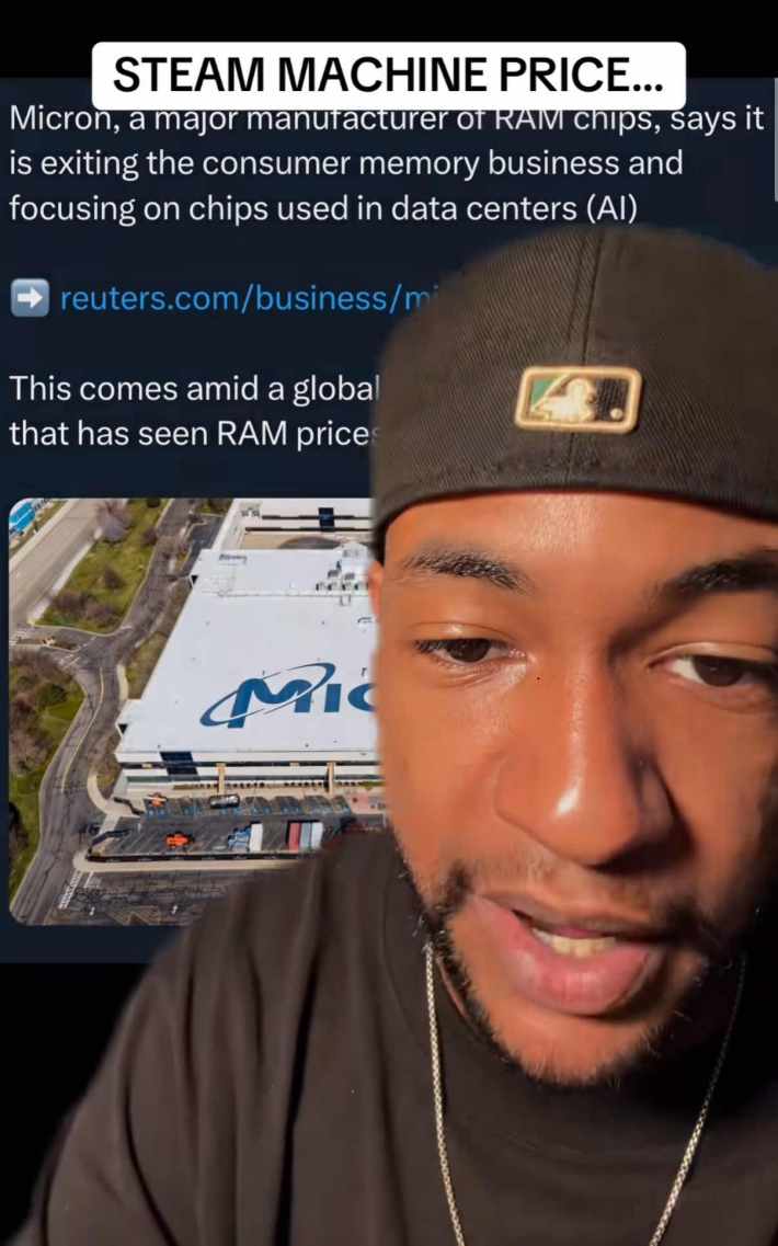 A man in a backwards baseball cap leaning toward the camera. On a green screen behind him is a tweet about Micron ending selling consumer RAM chips.