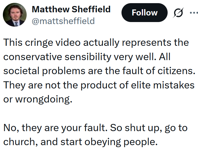 Tweet reading "This cringe video actually represents the conservative sensibility very well. All societal problems are the fault of citizens. They are not the product of elite mistakes or wrongdoing. No, they are your fault. So shut up, go to church, and start obeying people."
