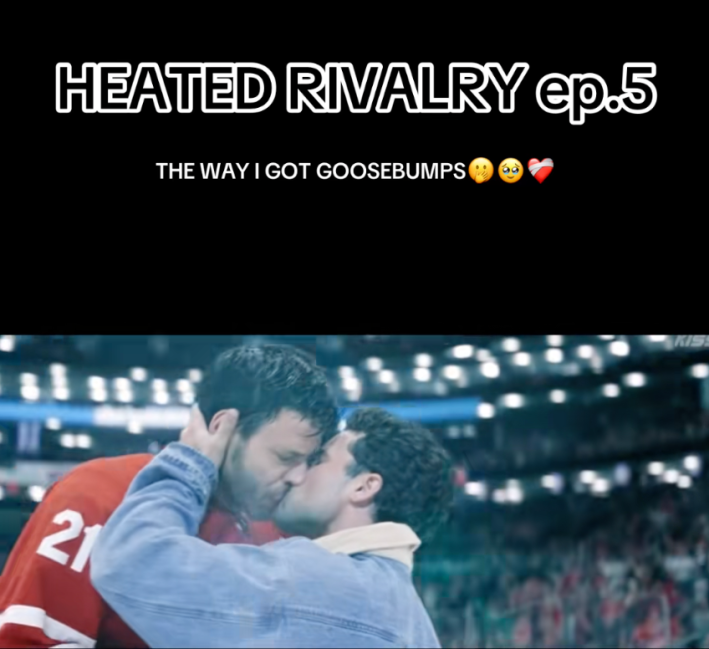 Heated Rivalry episode five still of Scott Hunter and Kip Grady kissing on the ice after Scott won the Cup. Text overlay reads, "The way I got goosebumps" in all caps.