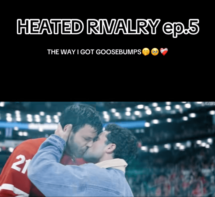 Heated Rivalry episode five still of Scott Hunter and Kip Grady kissing on the ice after Scott won the Cup. Text overlay reads, "The way I got goosebumps" in all caps.