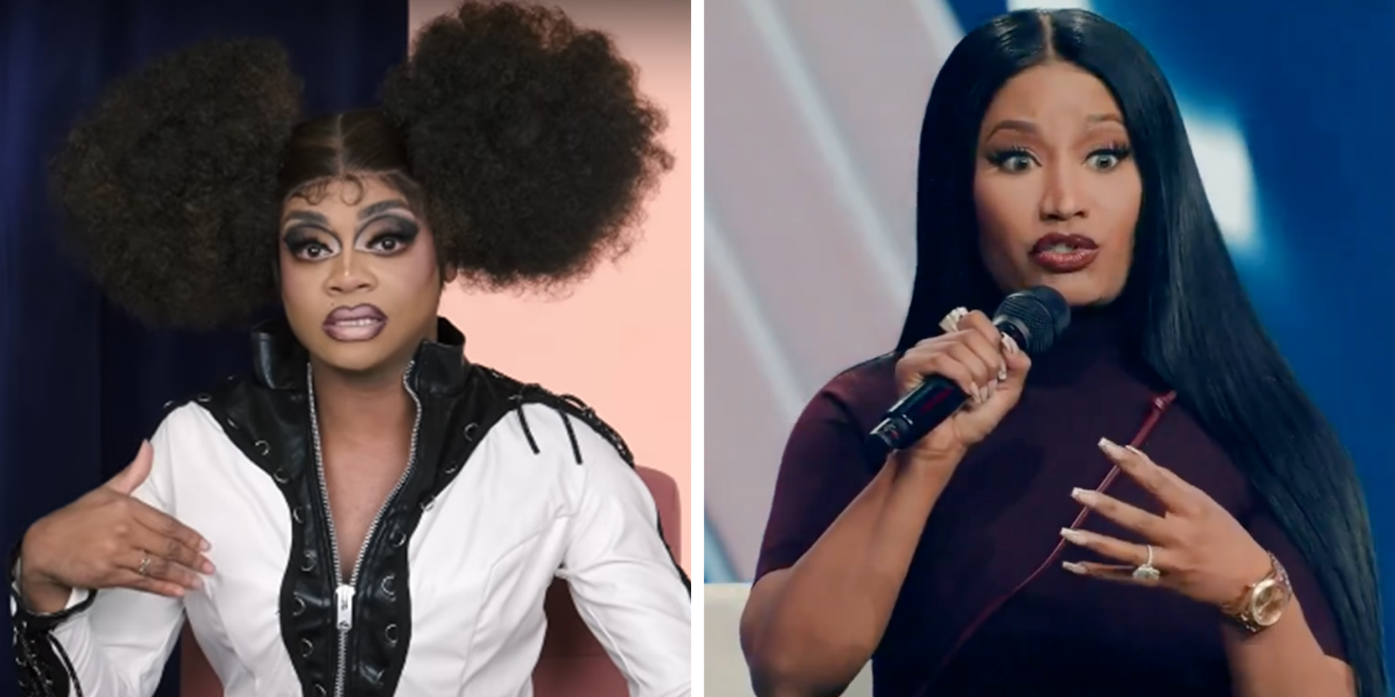 Left: "RuPaul's Drag Race" star Heidi N Closet in a black and white jacket. Right: Nicki Minaj holding a microphone on stage at Turning Point USA holding a microphone.