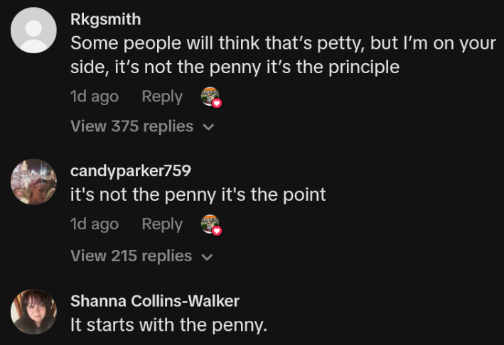 TikTok comments including one reading "Some people will think that’s petty, but I’m on your side, it’s not the penny it’s the principle"